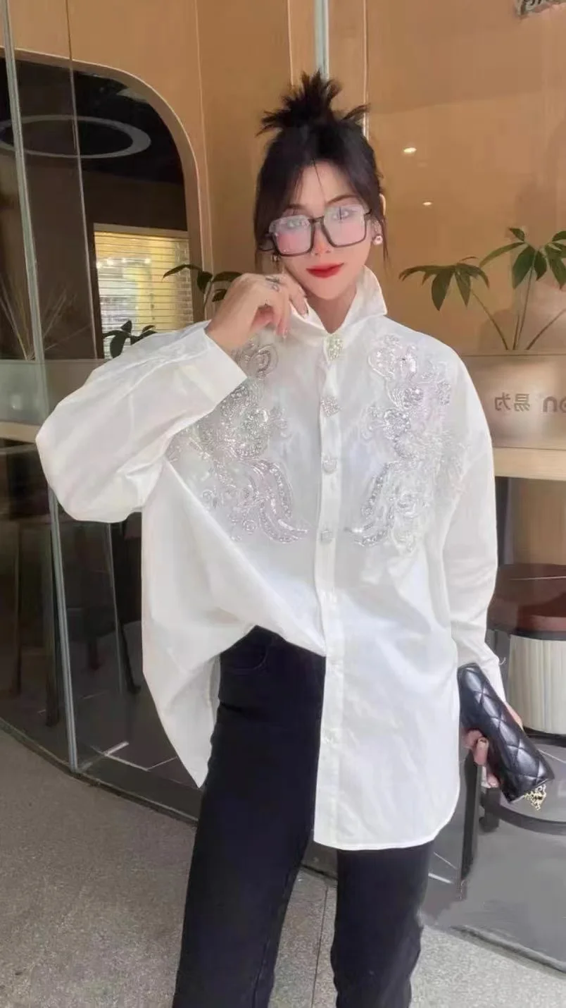 Luxury Sequined White Cotton Shirts and Blouses For Youthful Women\'s Clothing Sales Loose Casual Elegant Top Woman 2024