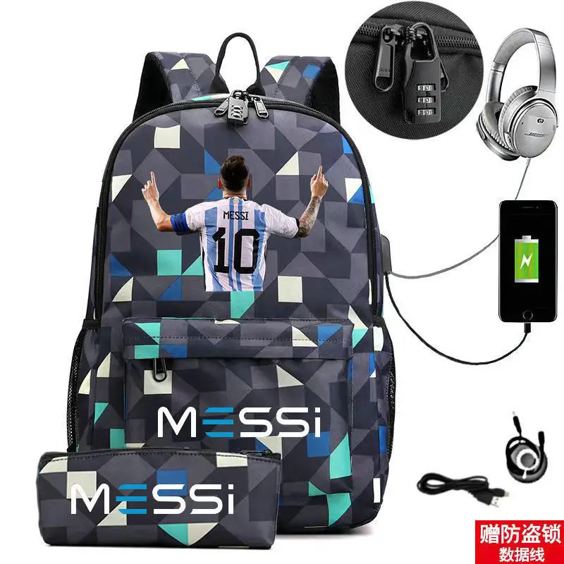 Messi Backpack Lightweight Laptop Male Casual USB Youth Travel Backbag Teens Outdoor Sport Bag Student Schoolbags