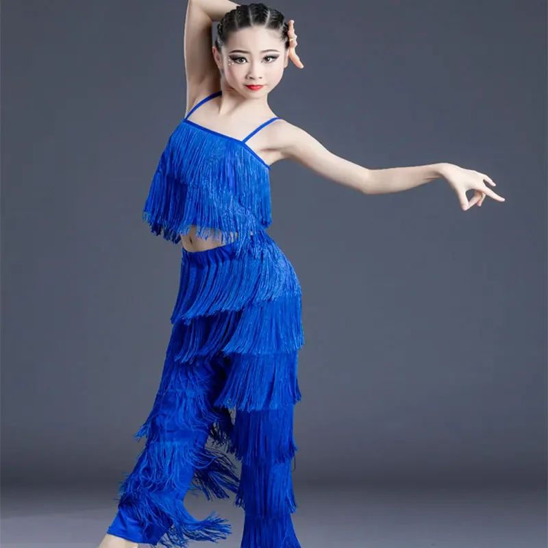 

Girls Kids Ballroom Tassel Fringe Dress Tops Pants Salsa Samba Costume Children Dance Pant Suit Blue Girl Latin Dance Dress For