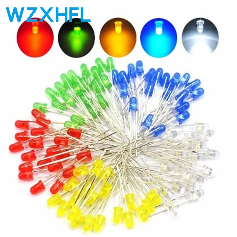 100 pz/lotto 3mm 5mm LED rosso verde giallo blu bianco F3 F5