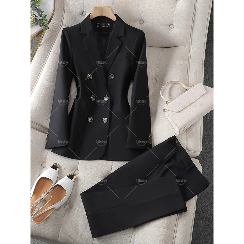 Fashion Ladies Pant Suit Women Business Work Wear Blazer And Trouser Black Khaki Brown Beige Formal 2 Piece Set With Pocket