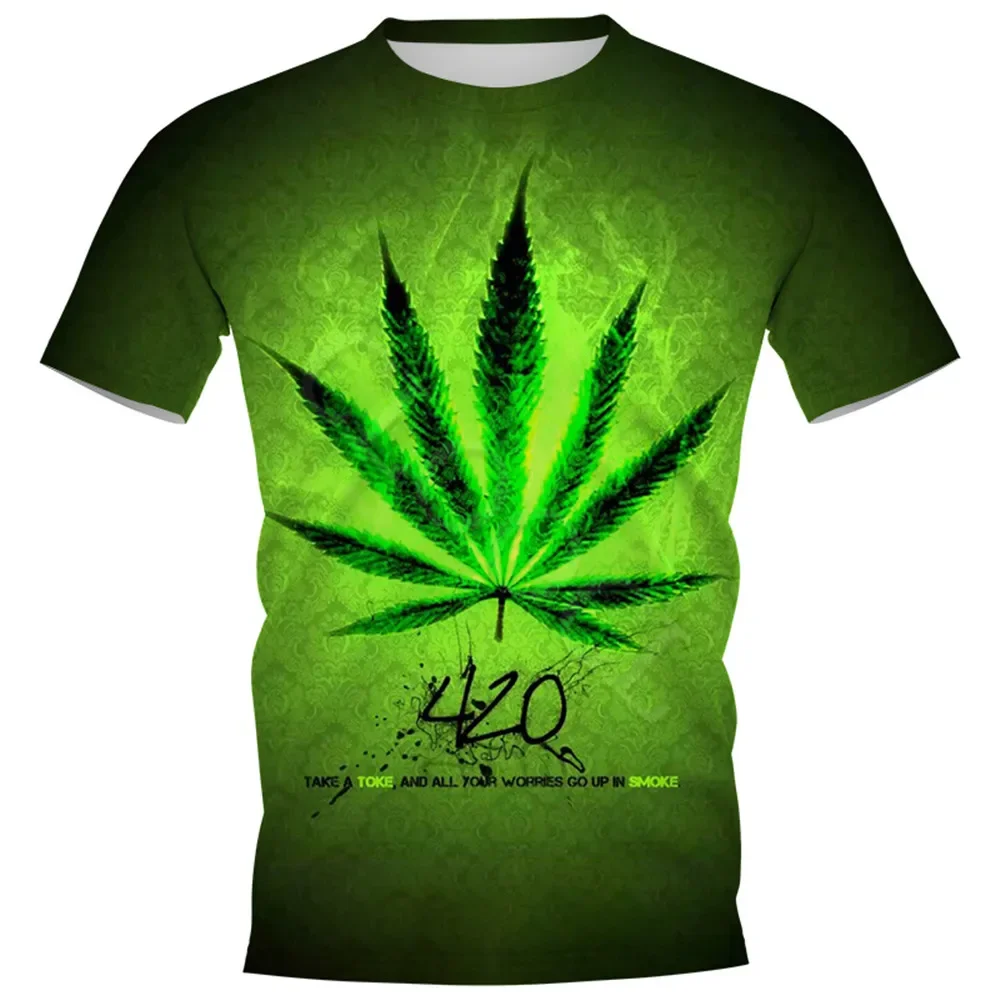 2023 summer fashion green weed leaves 3D printed men\'s T-shirt large size loose comfortable breathable comfortable short sleeve