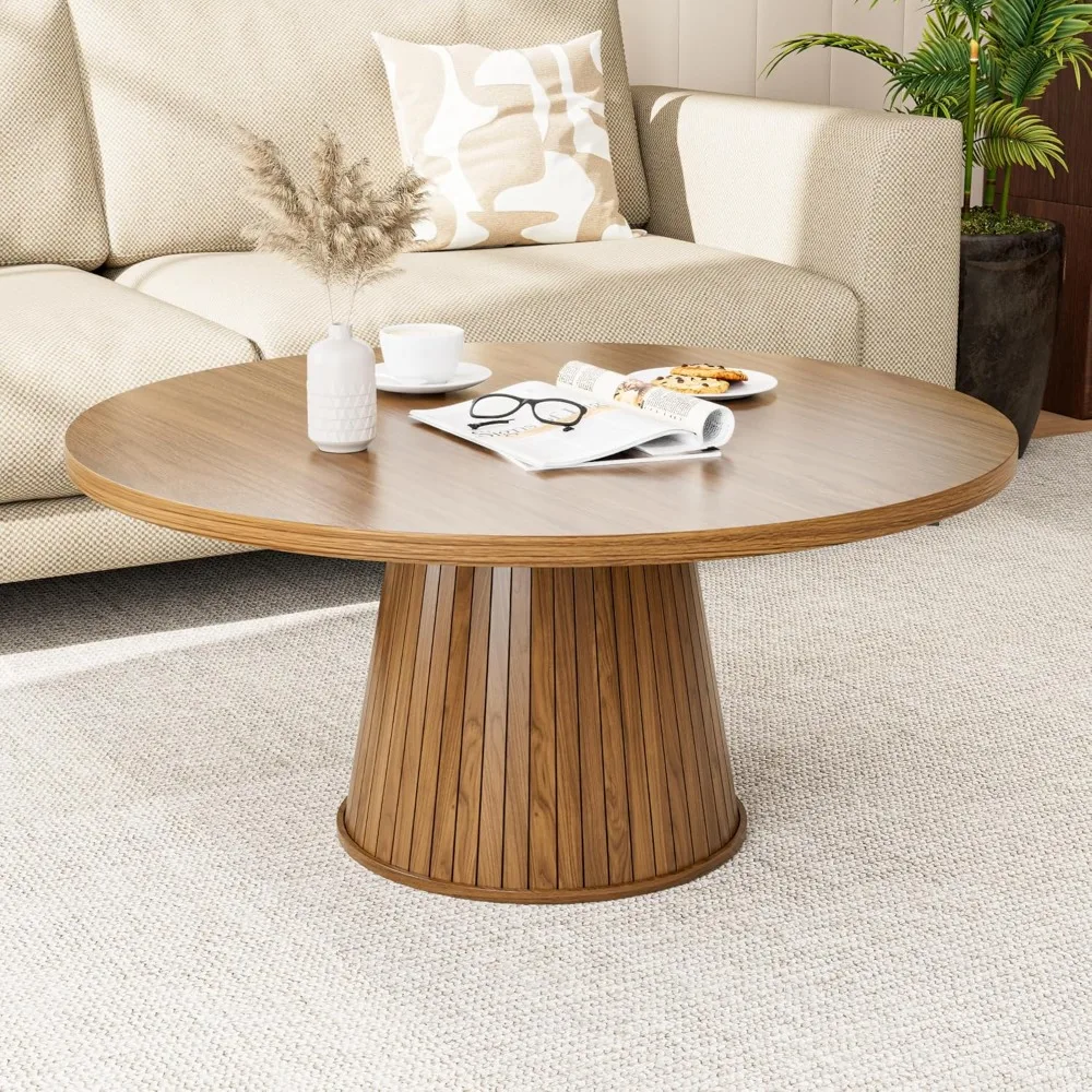 Fluted Round Coffee Table, Mid Century Modern Coffee Table, Small Walnut Circle Center Table, Brown, Farmhouse Wood, for Living