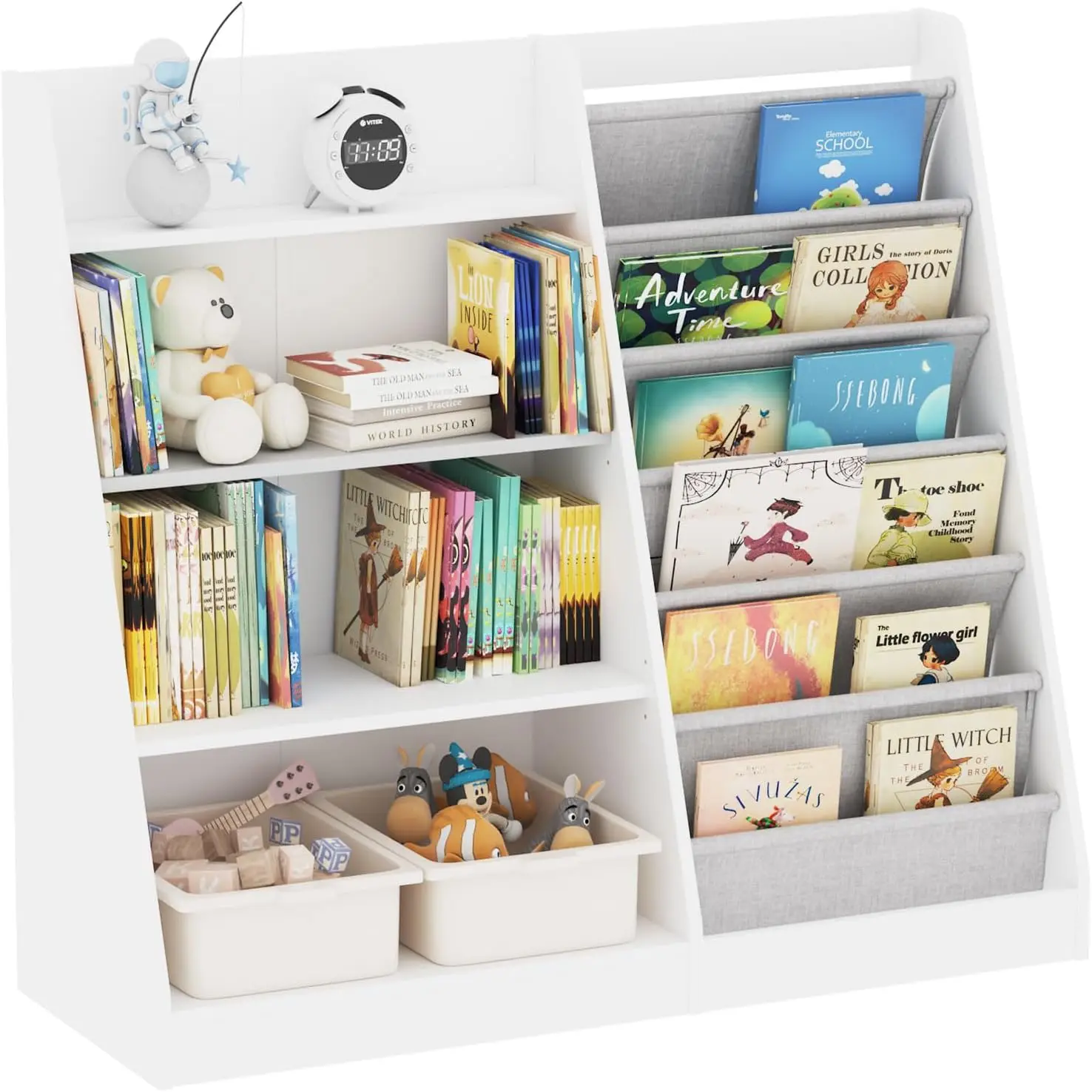 Estantería para niños, armario organizador de almacenamiento de juguetes de madera, estantería para niños pequeños, estante para libros con eslinga, estante ajustable para jugar