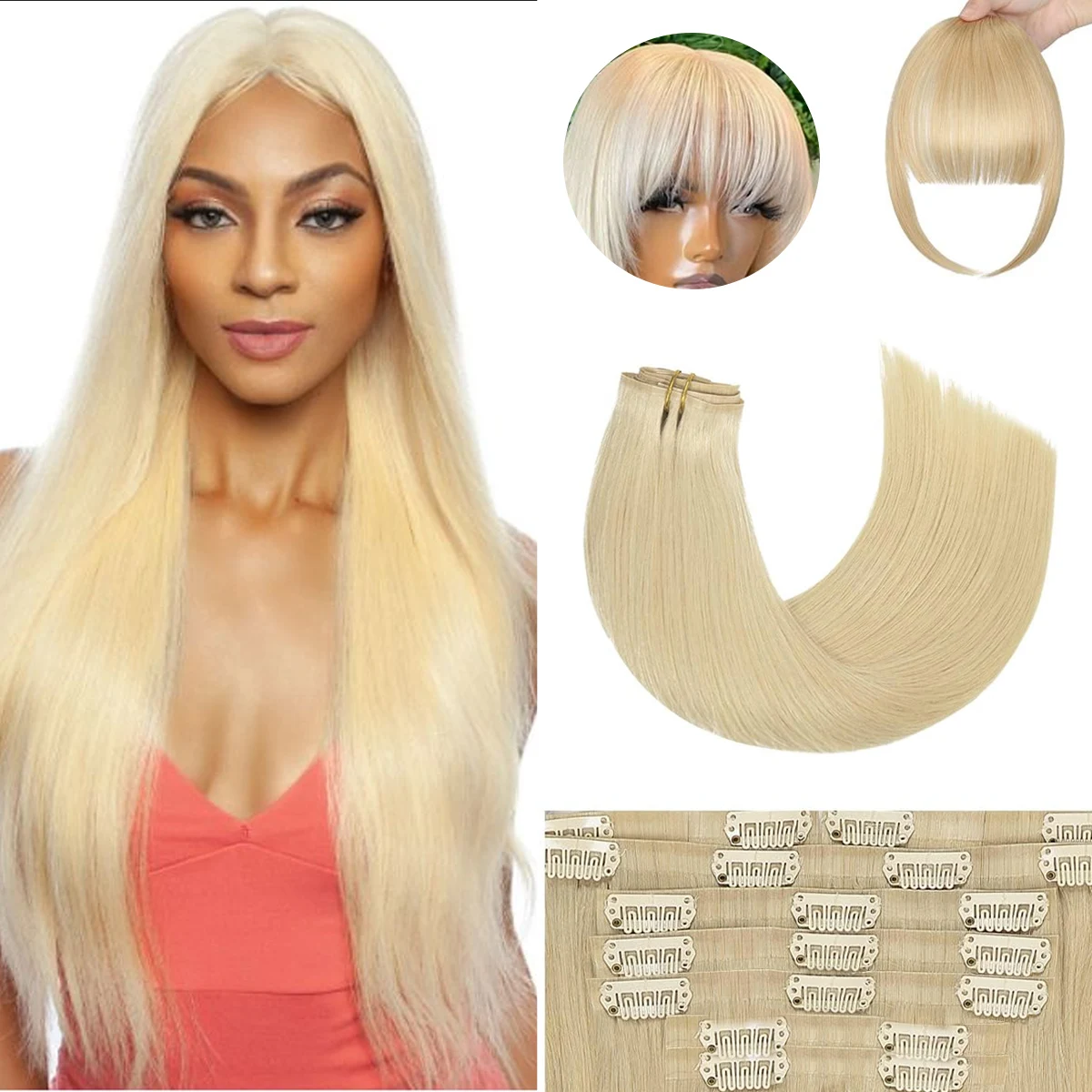 Honigblonde Clip-in-Haarverlängerungen, Echthaar, bleichblonde Clip-in-Haarverlängerungen # 613 Clip-in-Verlängerung aus glattem Echthaar