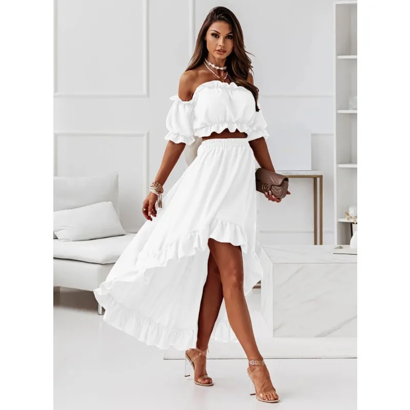 Fashion Y2K Casual Off Shoulder Crop Top Elastic High Waist Irregular Ruffle Long Skirt Women Sexy Two Piece Set Party Outfits