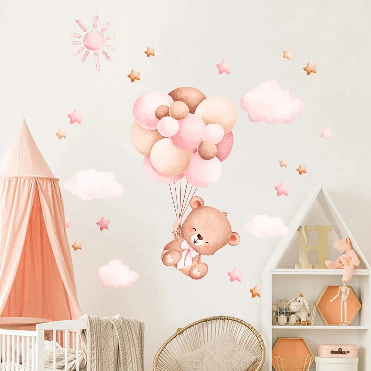 Watercolor Cartoon Balloon Bear Furniture Wall Sticker Kids Room Home Decoration for Baby Room Decor Girls Bedroom Living Room