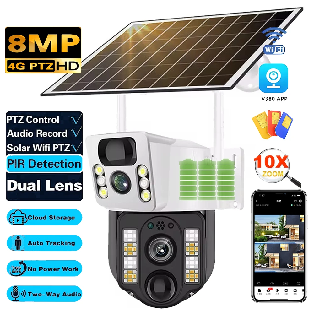 Wifi Camera Outdoor Telecamera Sorveglianza 4G Lte 8MP Night Vsion Smart Home Security Protection Solar Panel CCTV IP Wireless