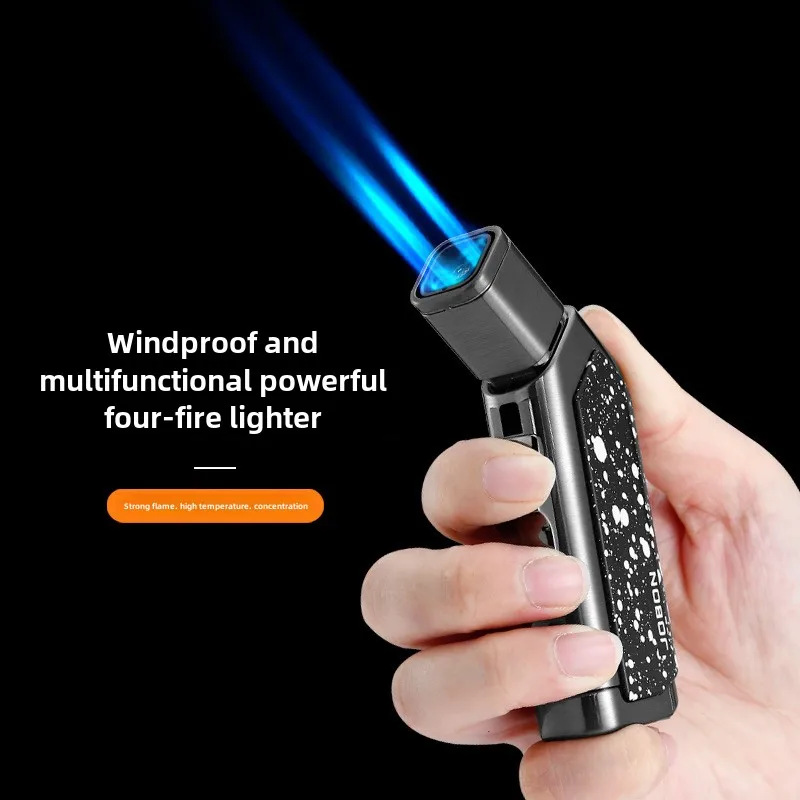 JOBON Portable Cigar Lighter 360° Use Four Strong Blue Flame 1300°C Torch Turbine Jet Windproof Lighter Cigar Cutter Men's Gift