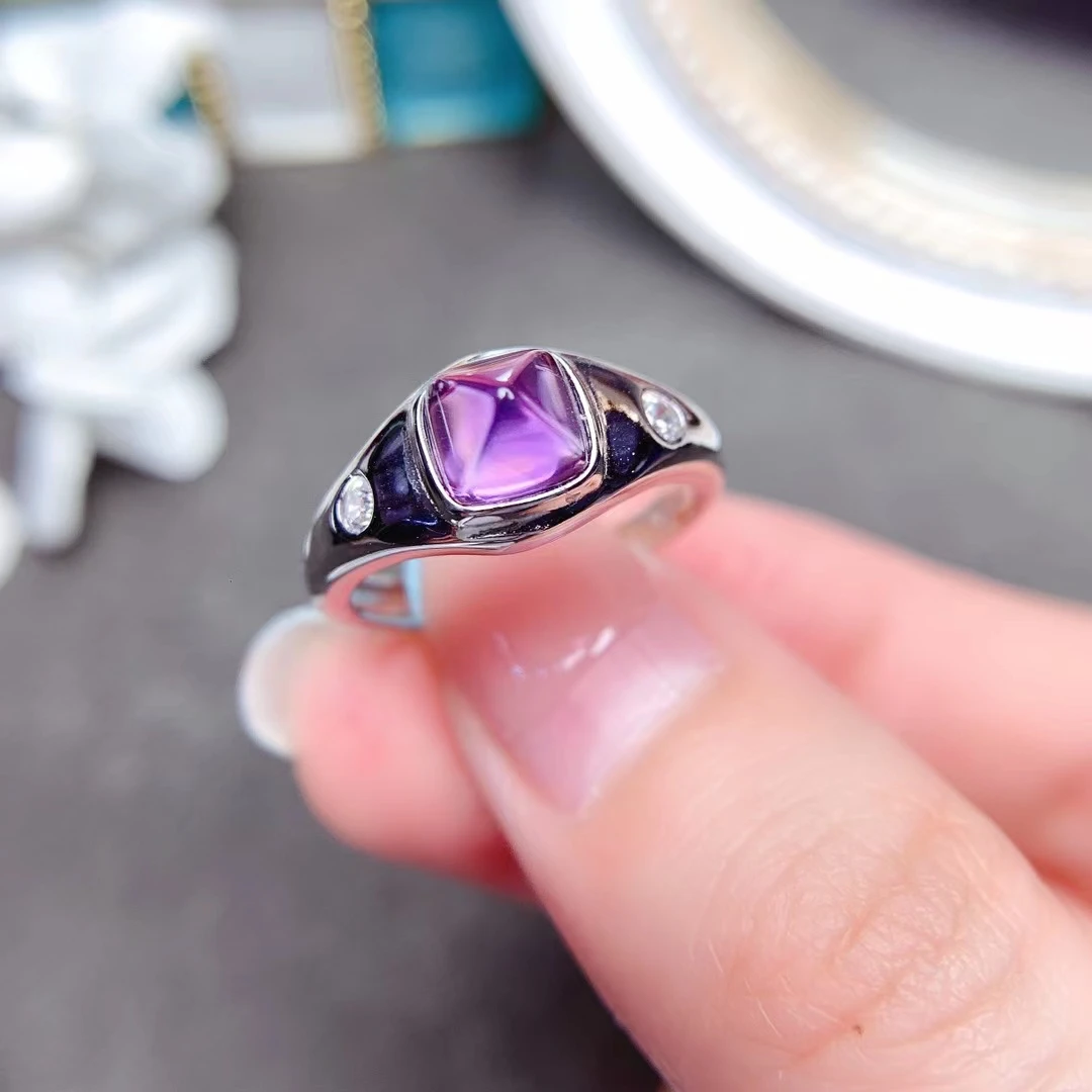 

VVS Grade Natural Sugerloaf Amethyst Ring 1ct 6mm*6mm Real Amethyst Jewelry 925 Silver Sugarloaf Gemstone Jewelry