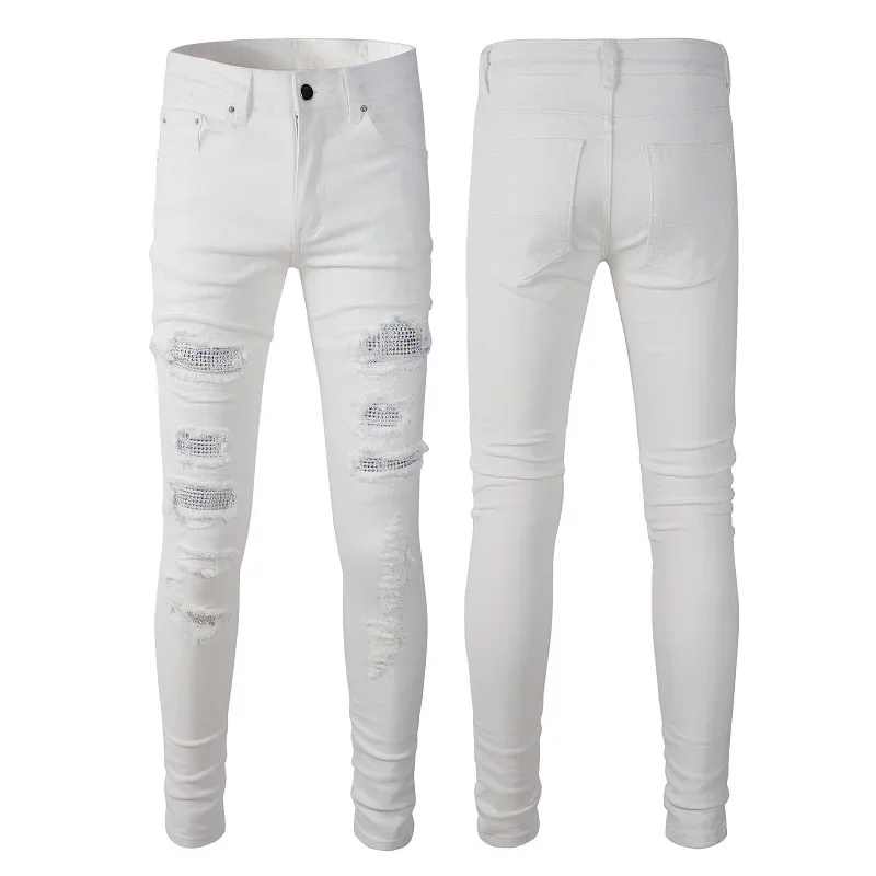 Fashion Men's High Street Trendy Brand Jeans, Hand-Sanded and Diamond-Inlaid, Slim Fit and Slimming White Ankle-Length Jeans