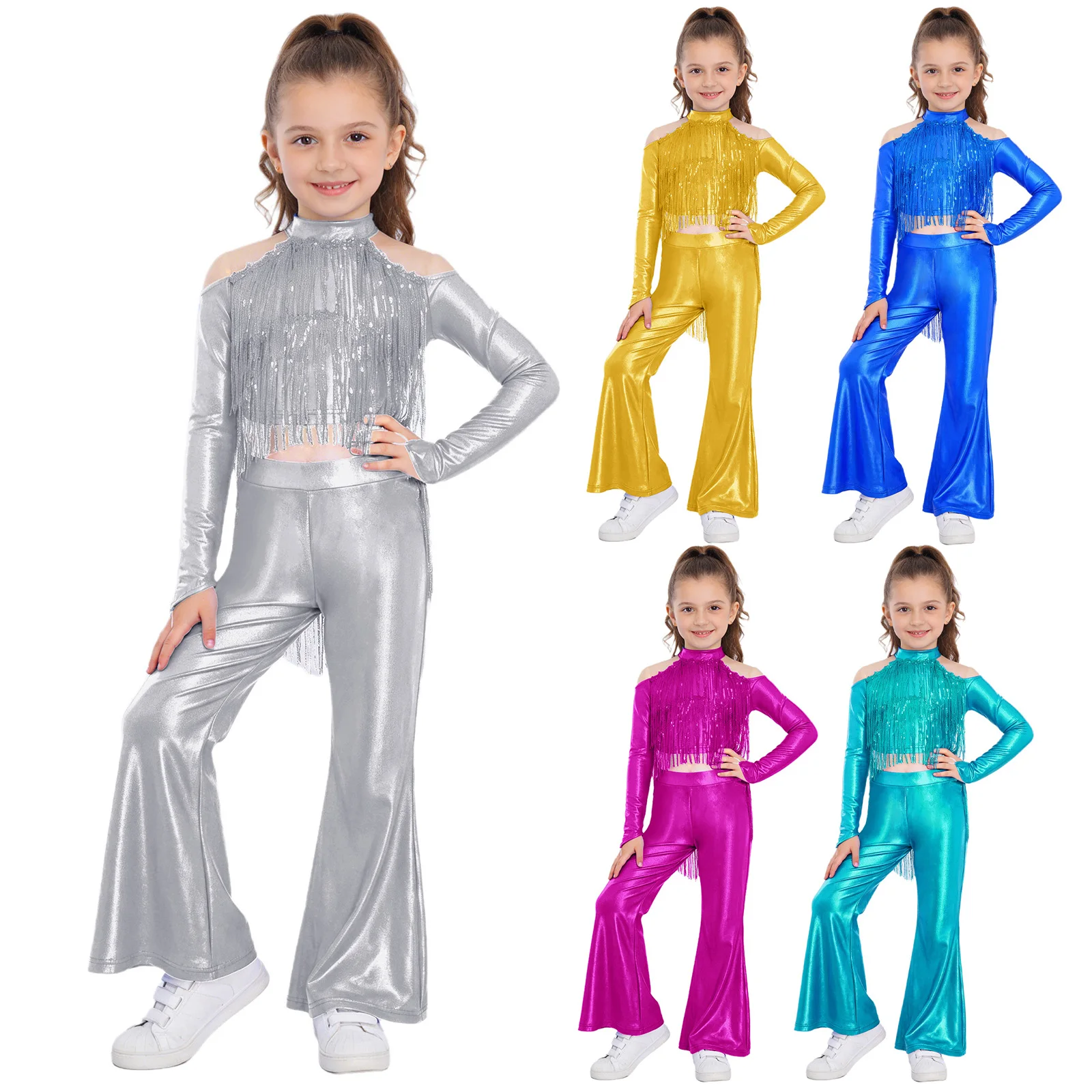 Kids Girls Sequin Tassels Pageant Set Metallic Crop Top And Bell Bottom Pants Disco Dance Costume for Belly Dance Performance
