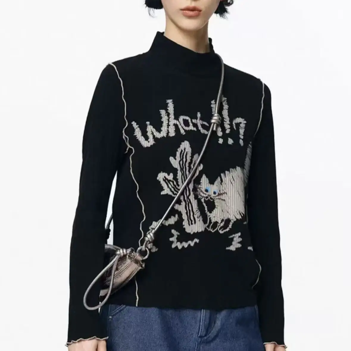 

Winter Print T-Shirt Women 2025 - High Neck Cropped Long Sleeve Top, Stretchy Layering Basic Tee, Y2K Bodycon Casual Blouse, Ela