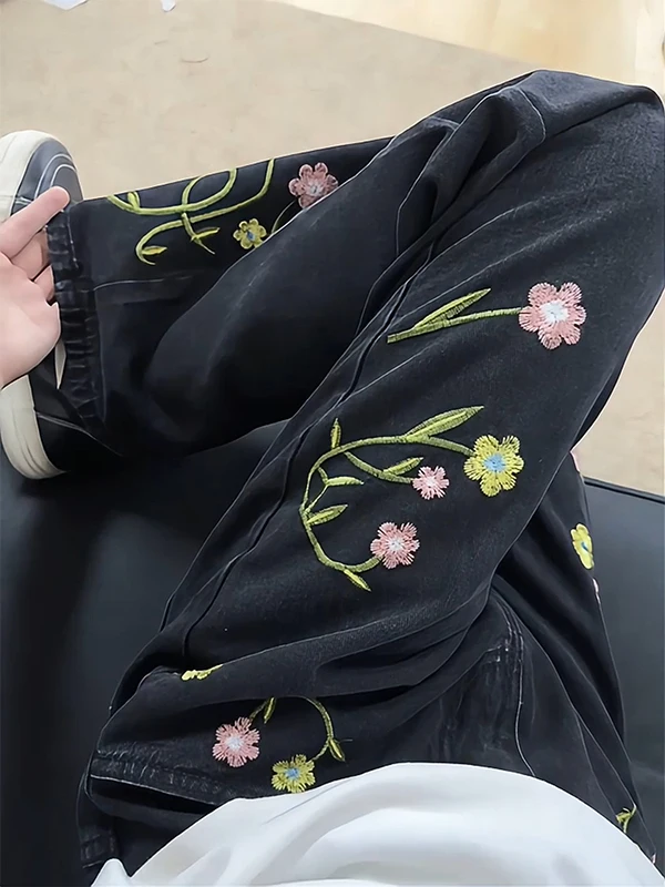 

American High Street Loose Straight Leg Men's Jeans Autumn Floral Embroidery Small Market Pants Casual Youth Faion