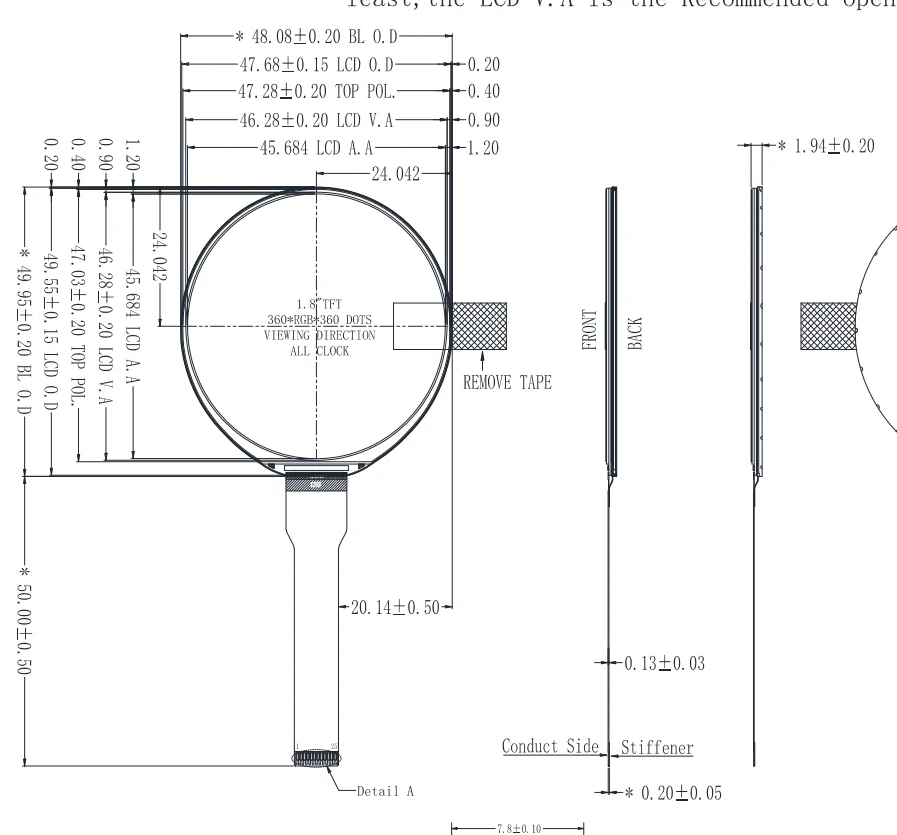 1.8 pouces ST77916 MCU + SPI + QSPI interfaces IPS module d'affichage LCD industriel rond haute luminosité