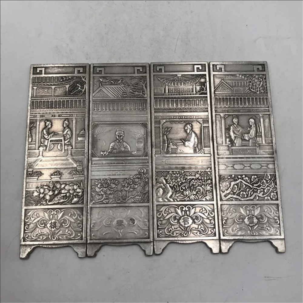 Antique white copper qin, chess, calligraphy, painting and decoration ornaments, exquisite copper silver plated small screens, f