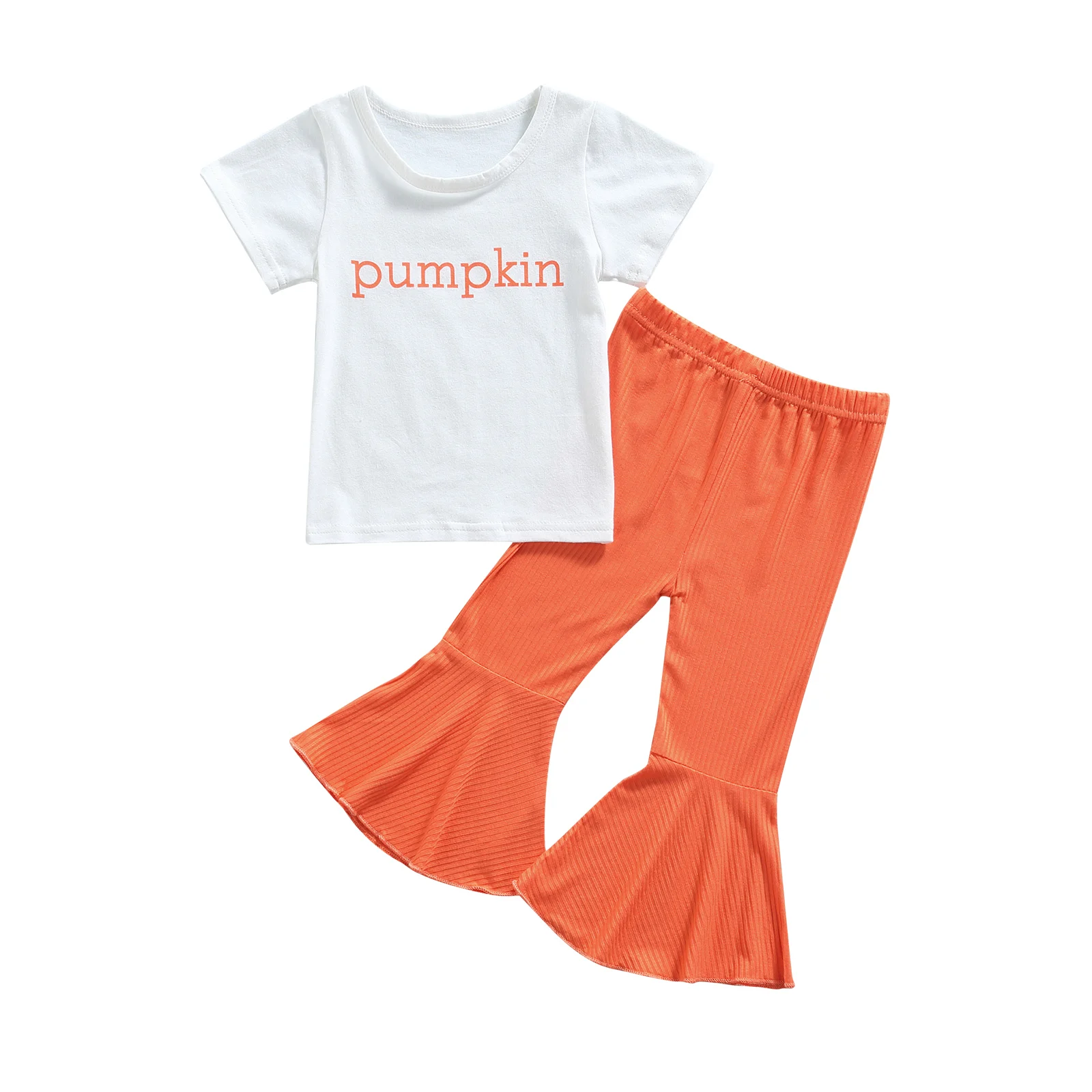 

Girls Halloween Two-piece Clothes Set Letters Printed Pattern T-shirt and Orange Solid Color Flared Pants