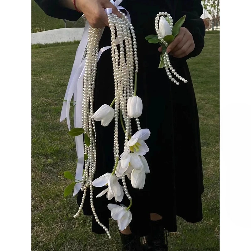 

Тюльпан Жемчуг Водопад Ручная переноска Цветок Невеста Ручной букет Свадебные фотоаксессуары Ручной цветок