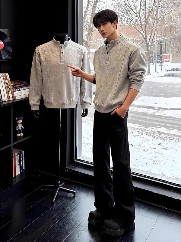 

American Style Cleanfit Henry Collar Fleece Lined Long Sleeve Men's Sweatshirt Inner Wear Base Shirt for Autumn Winter