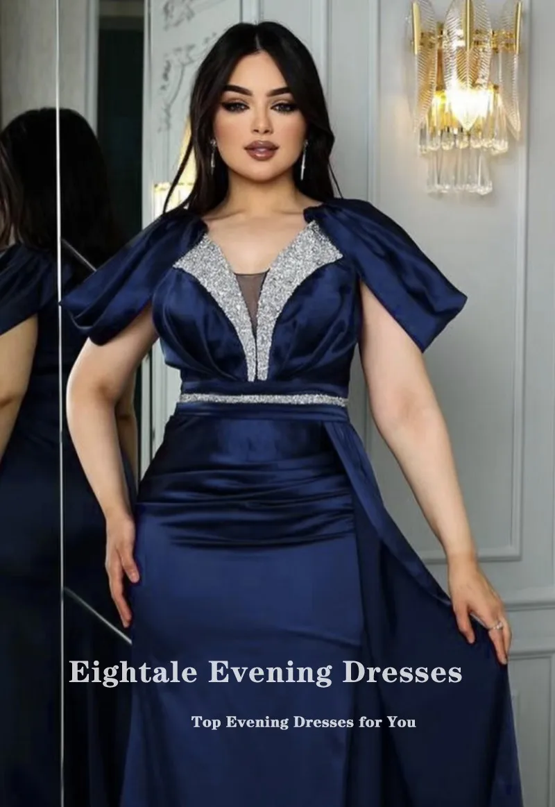 Eightale Navy Blue Evening Dress Beaded Mermaid Prom Wedding  Party Gown Arabic Satin Belt Customized Robe De Soiree