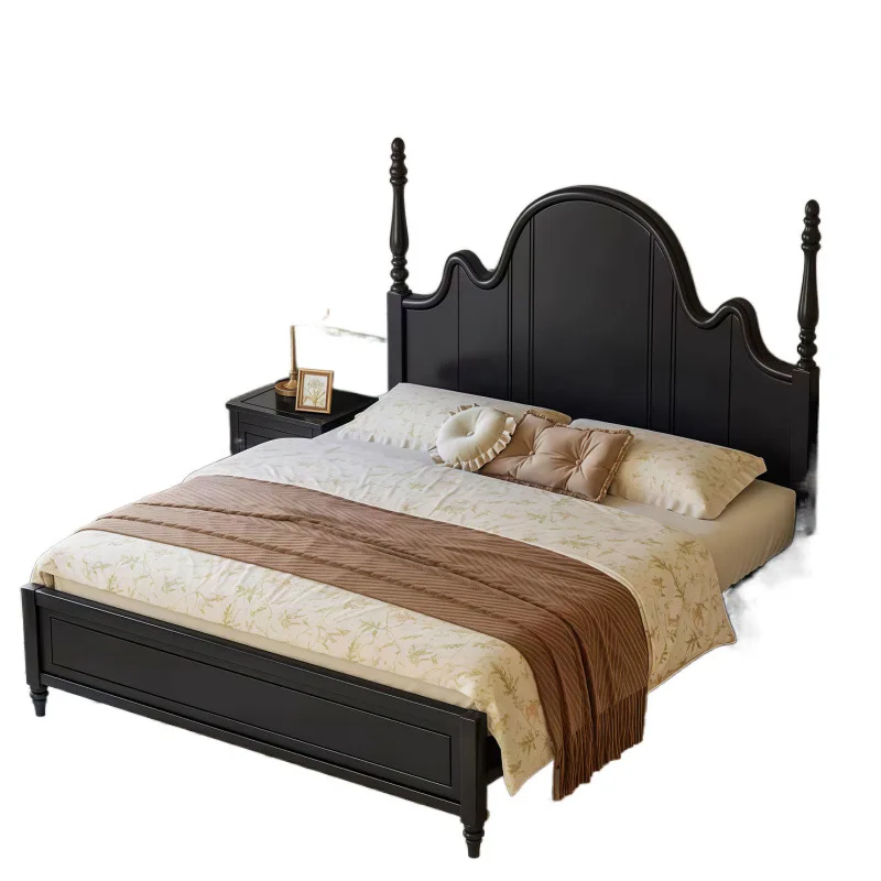 

French retro solid wood bed, black master bedroom double bed, modern simplicity, medieval style, light luxury