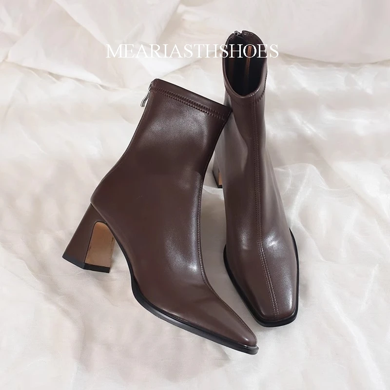 

Vintage Warm Cotton Leather Women Ankle Boots Fashion Elegant Square Toe Shoes Autumn Winter Thick Heel Women's Short Booties
