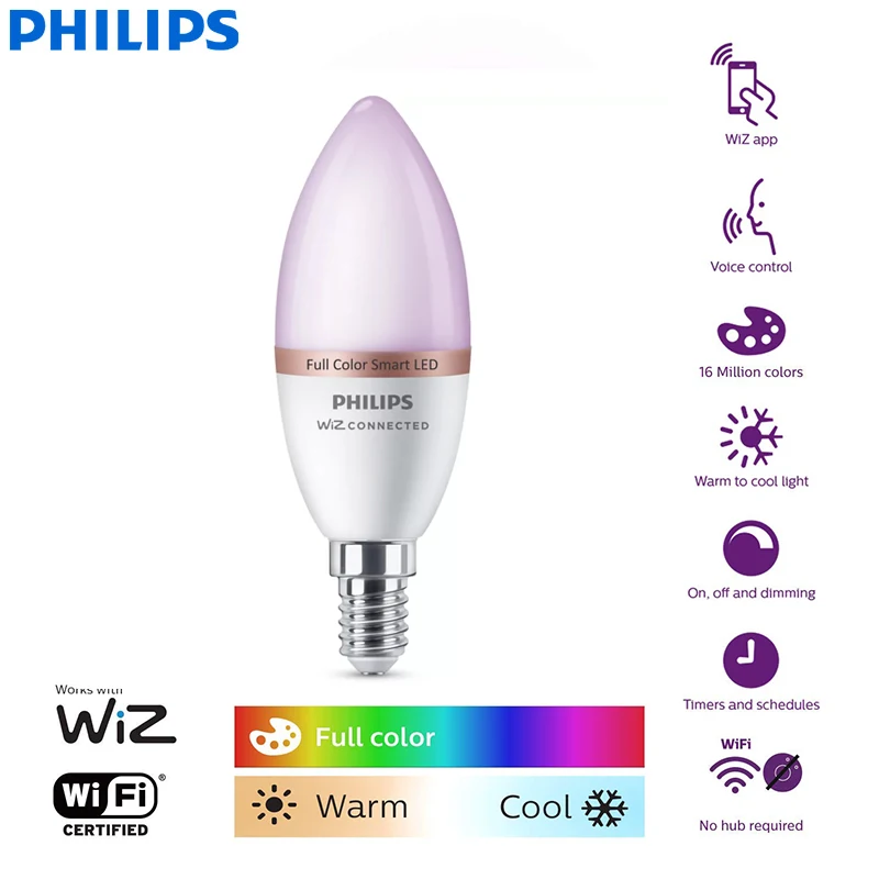 Philips Smart LED 4.9W E14 Candle Light WiZ Wi-Fi & Bluetooth Bulb 220-240V 16 Million Full Color Frosted Dimmable Lamp CRI90