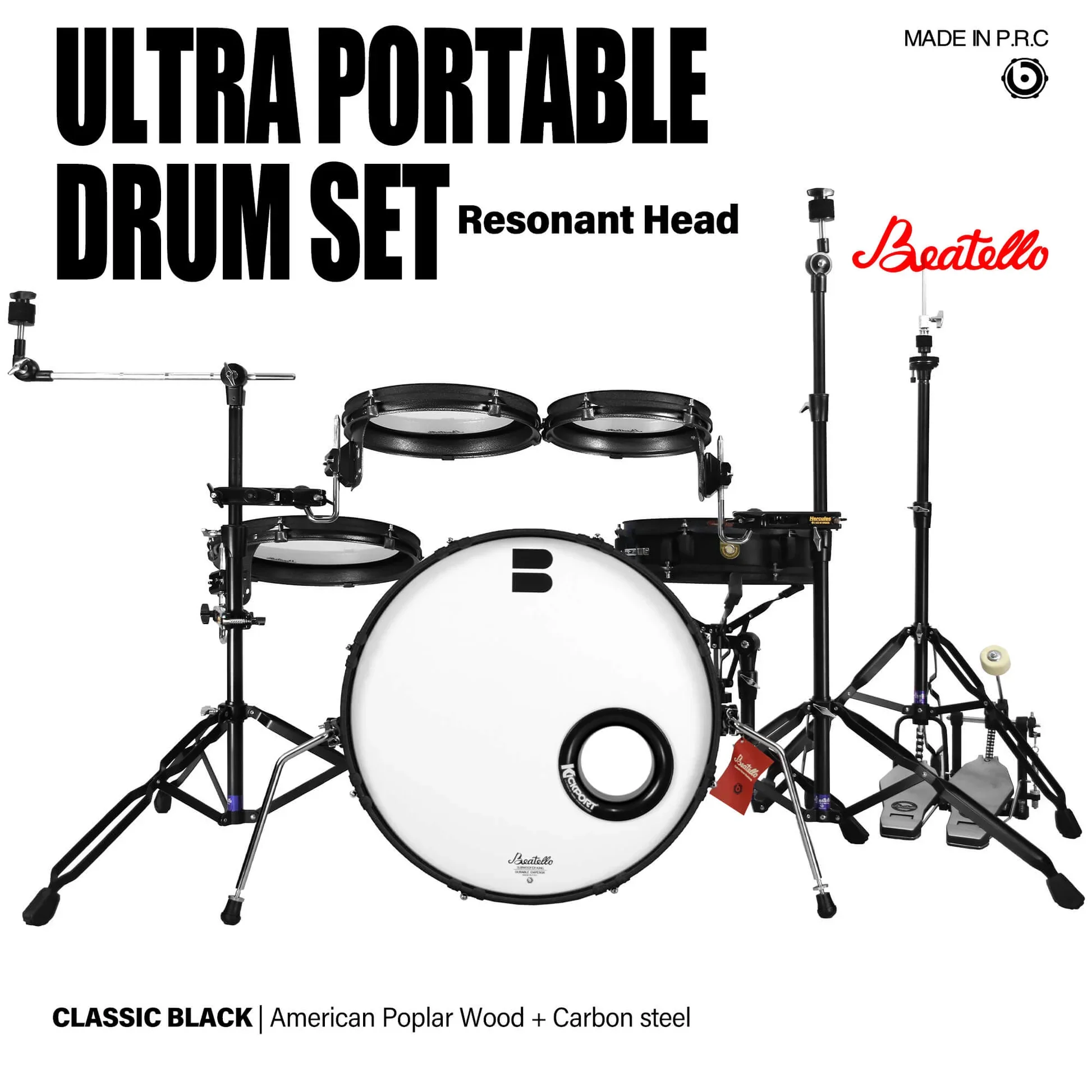 

Full Size Professional Drum Set With American Poplar Wood & Carbon Steel Black Super Travel Design