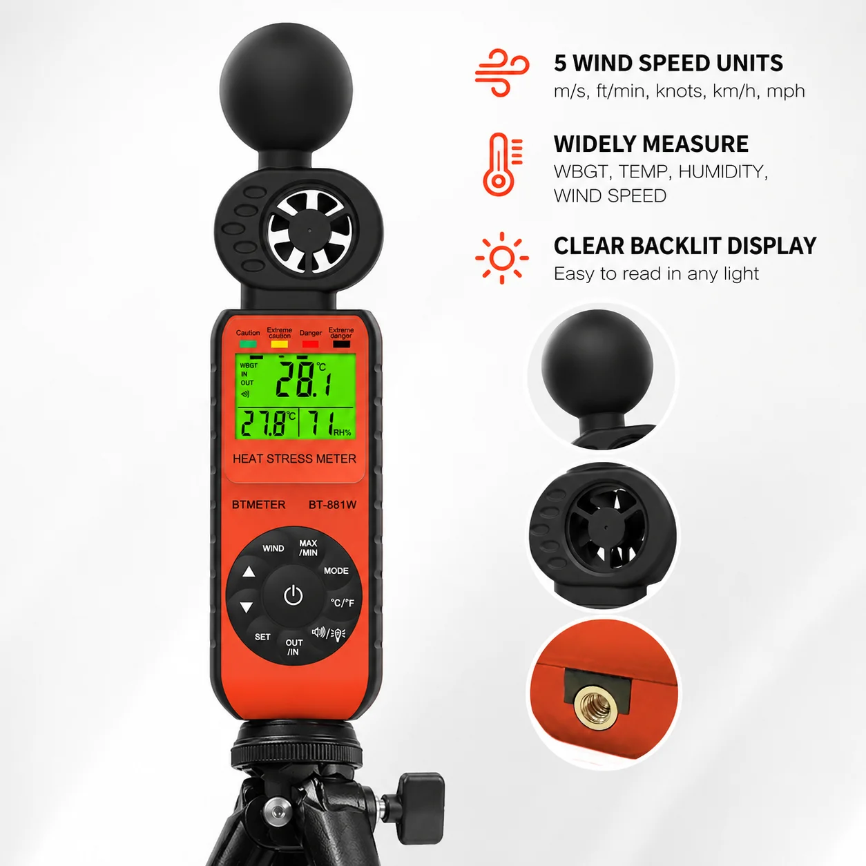 

3 In 1 Wind Speed Meter,Temperature&Humidity Tester,Professional WBGT Anemometer with Alarm Heat Stroke Hazard Indicator