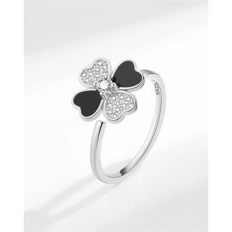 Sweet Clover Flower Ring For Girls Finger Accessories Top Grade Sterling Silver 925 Ring Women Jewelry Turnable Open Size Bijou