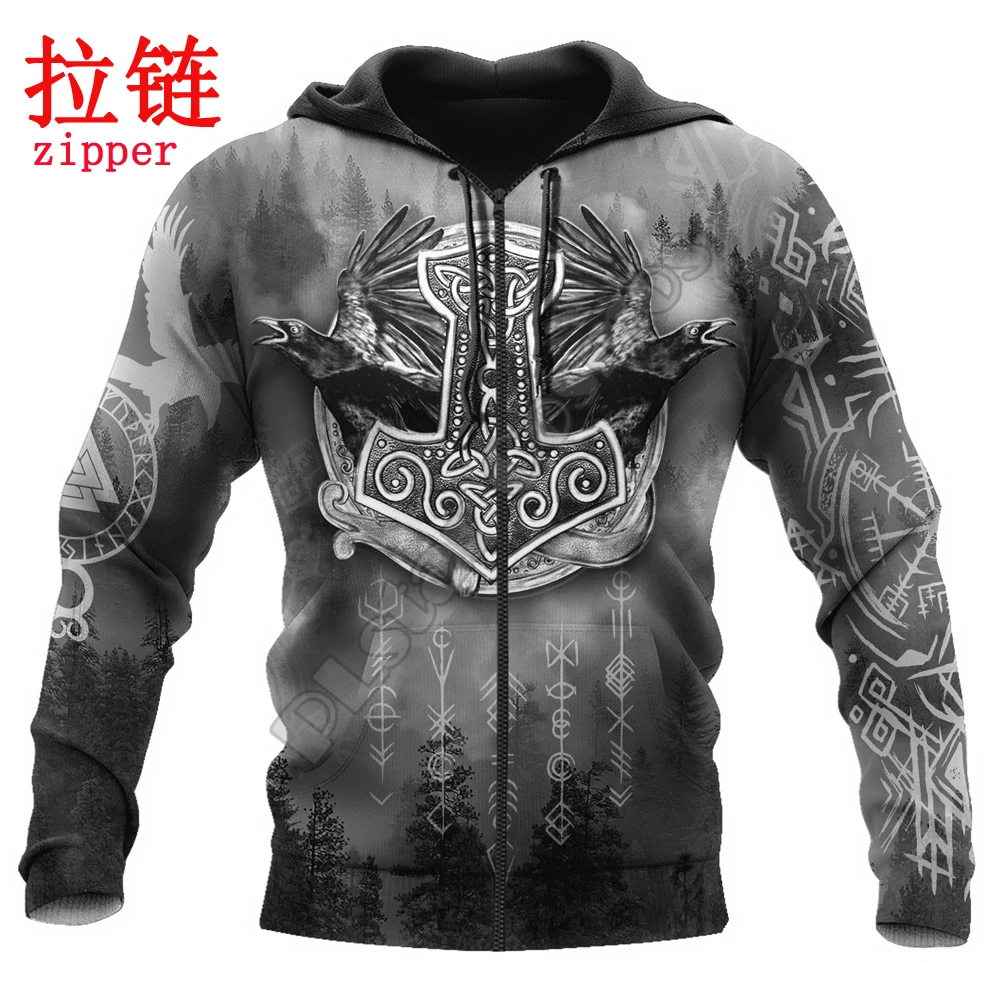 Hammer Mjolnir Odin Raven Tattoo 3D All Over Printed Męska bluza z kapturem i bluza Unisex Zip Hoodies Casual Tracksuits KJ891