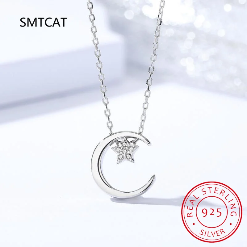 Fashion 925 Sterling Silver Moonlight Little Star CZ Pendant Necklace For Women Girls Party Accessories Jewelry TL16