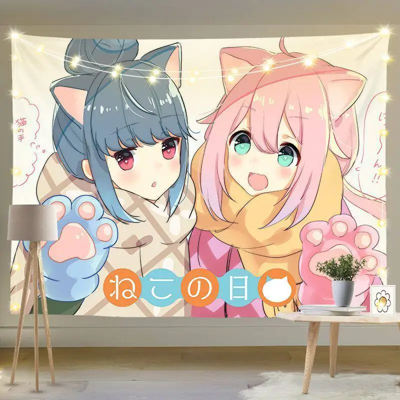 Cute Cartoon Yuru Camp Wall Tapestry Decorative Hanging Ideal for Dormitory Bedroom Rental Spaces Renovation