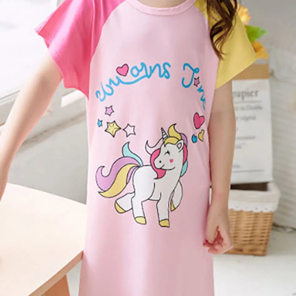 Children Sleepwear Girls Short Sleeve Cartoon Dinosaur Bunny Unicorn Nightgowns Comfort and Trendy Sleep Dress Summer Pajamas