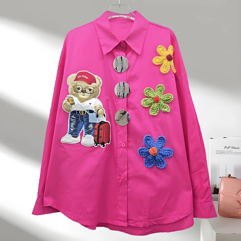 

Harajuku Autumn Women's Long Sleeve Cartoon Casual Shirt Colored Wool Flower Appliques Blouses Young Lady Fashion Shirts SL217