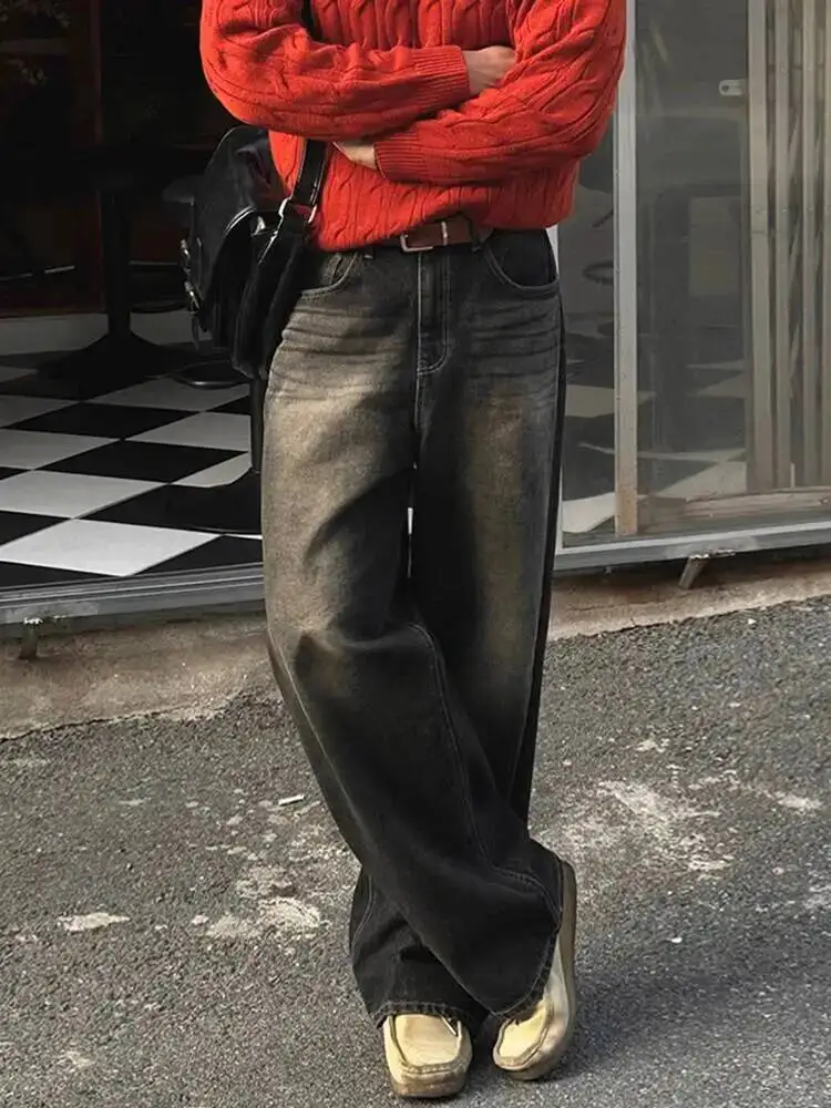 

Корейские новые простые мужские джинсовые брюки, однотонные потертые универсальные прямые широкие мужские джинсы со свободной подошвой, осень 2023 г.