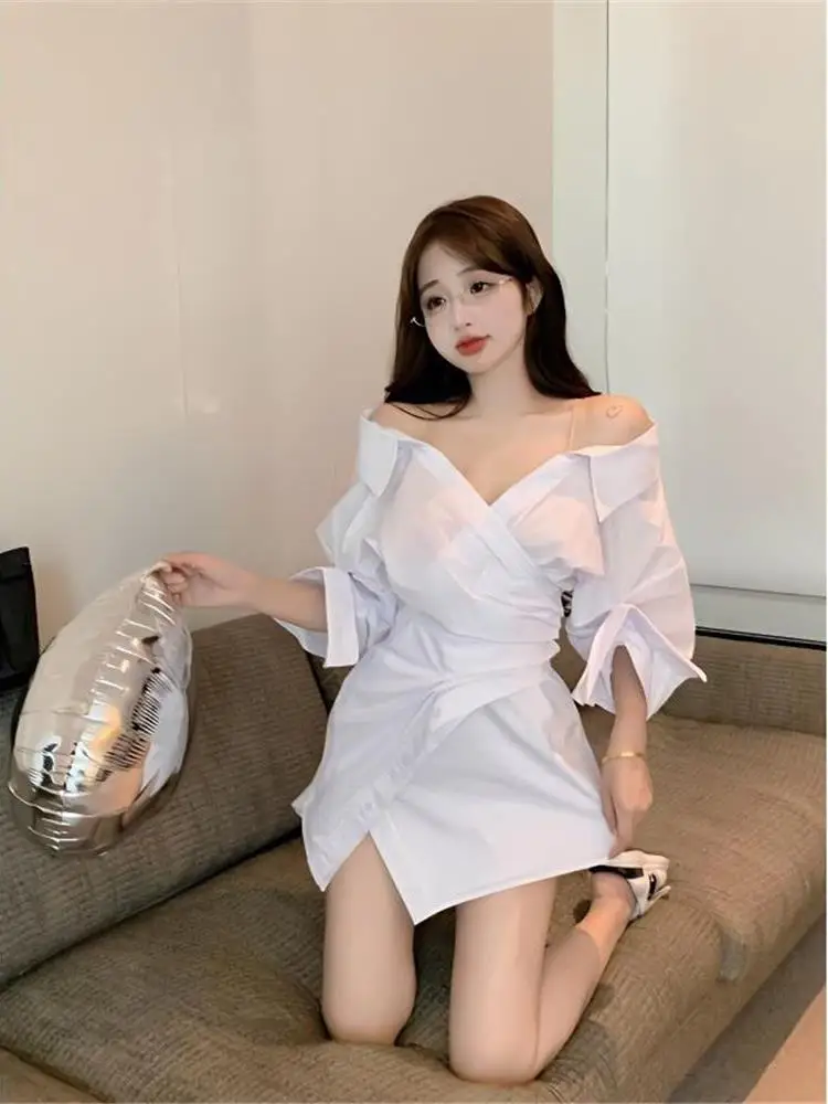 Heavyweight Shirt Dress with Belt And Asymmetrical Strap Individual Style Citywalk PVC Material A-Line Skirt Zipper Opening