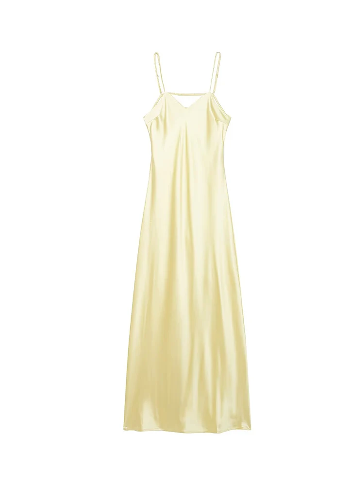 TFMLN Sommer Frauen Neue Einfarbig Midi Sling Kleid V-ausschnitt Mode Backless Strap Satin Zipper Party Kleid Sexy Urlaub Tragen