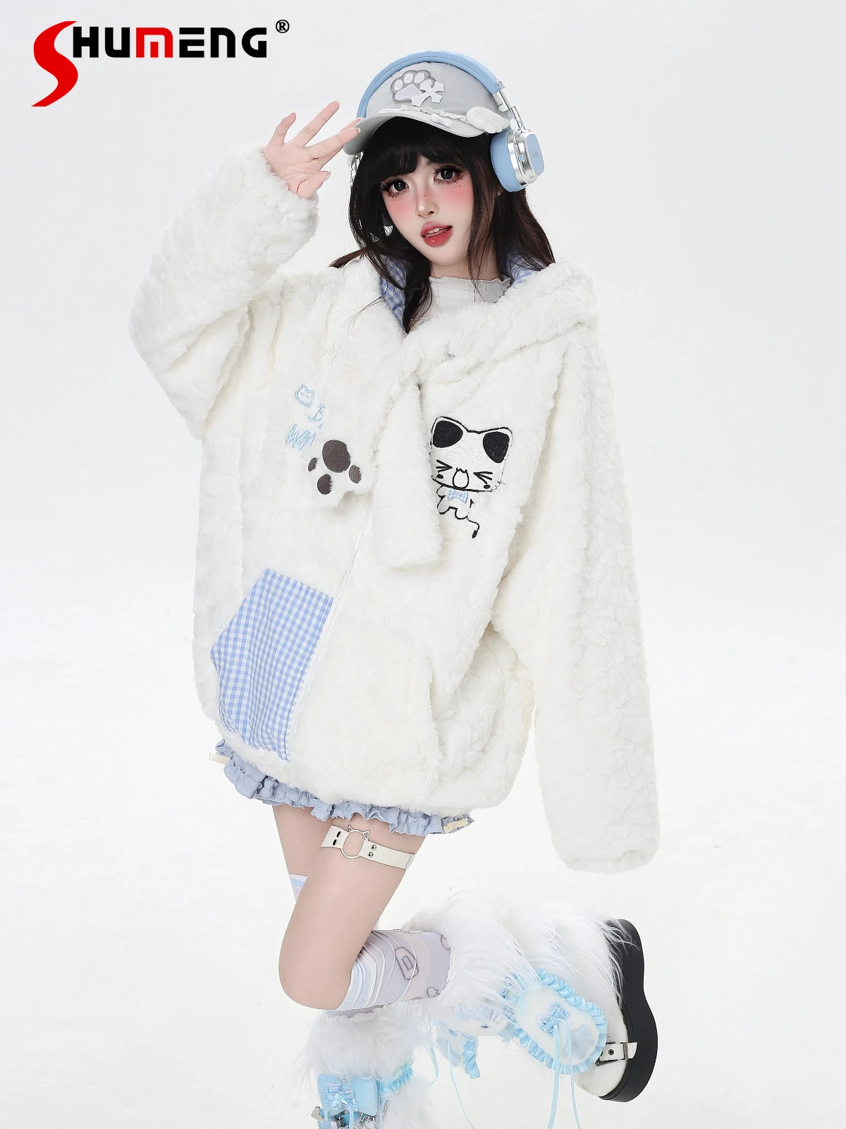 

Fashion Sweet Cool Y2K Girl Fleeced Jacket Cat embroidery Hooded Loose Sweet Warm Thick Overcoats for Women Winter Quilted Coats