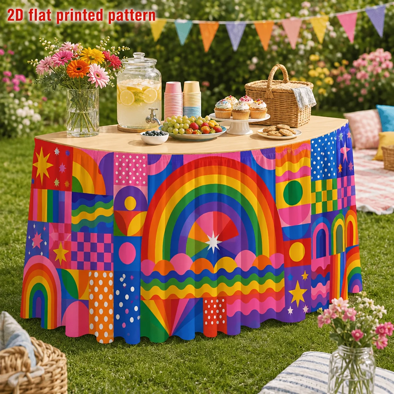 Geometric rainbow patchwork printed table skirt with colorful arch-shaped star-shaped retro modern art pattern decorationxzj