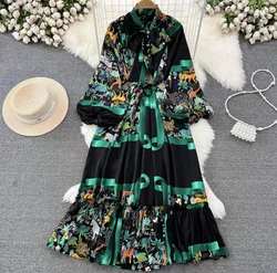 2024 Light Mature Style elegante Maxi Dress Women Retro Temperament Lantern manica lunga papillon vita Up a-line Printed Dress