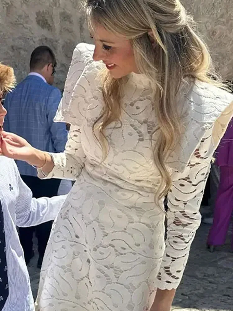 

Elegant Lace Hollow Out Women's Long Dresses With Sleeve Sexy High Waist A-line Slim Female Dress Patchwork Lady Party Robes