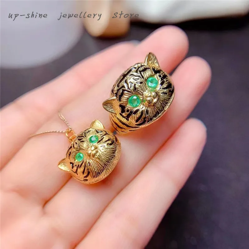 

Chinese style 925 silver inlaid natural emerald ring & pendant set, the year of the tiger is auspicious, domineering and cute