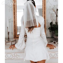Vestido corto de princesa para novia, minivestido de satén de manga larga con cuello redondo y espalda descubierta