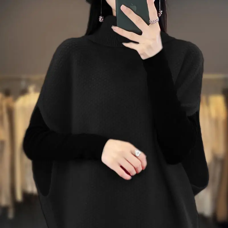 Female Clothing Korean Sweater Vest Casual Loose Batwing Sleeve Autumn Winter Turtleneck Basic Solid Color Chic Knitted Jumpers