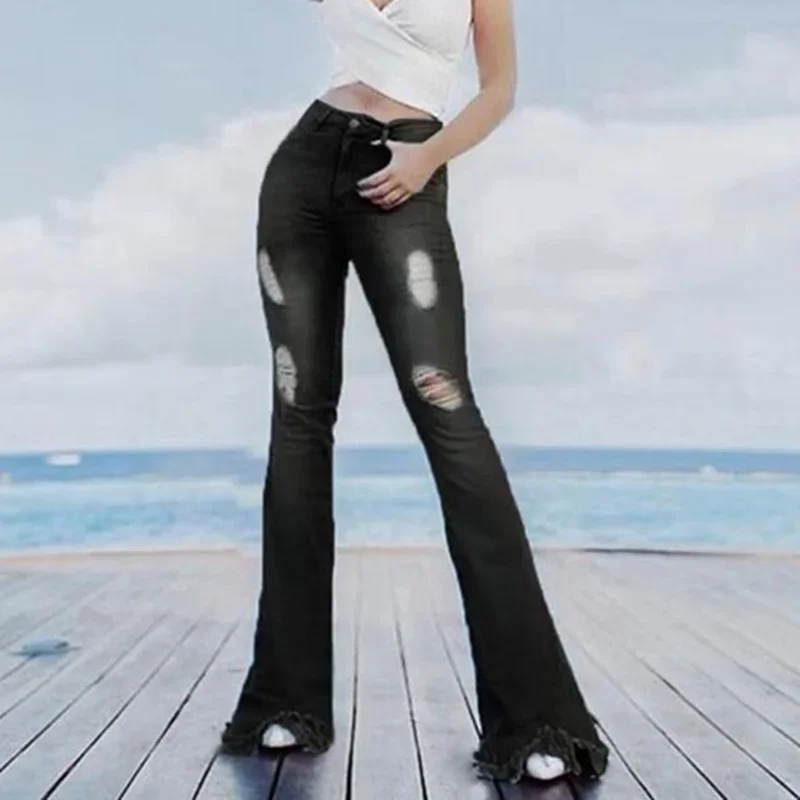 Women Ripped Flare Jeans High Waist Slim Fitted Denim Pants with Tassel Hem Ladies 2024 Spring Autumn Wear Skinny Denim Jeans