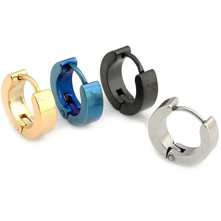 Fashion Men Women Silver Color Gold Black Blue Color Stainless Steel Simple Round Smooth Circle Hoop Huggie Earrings Jewelry