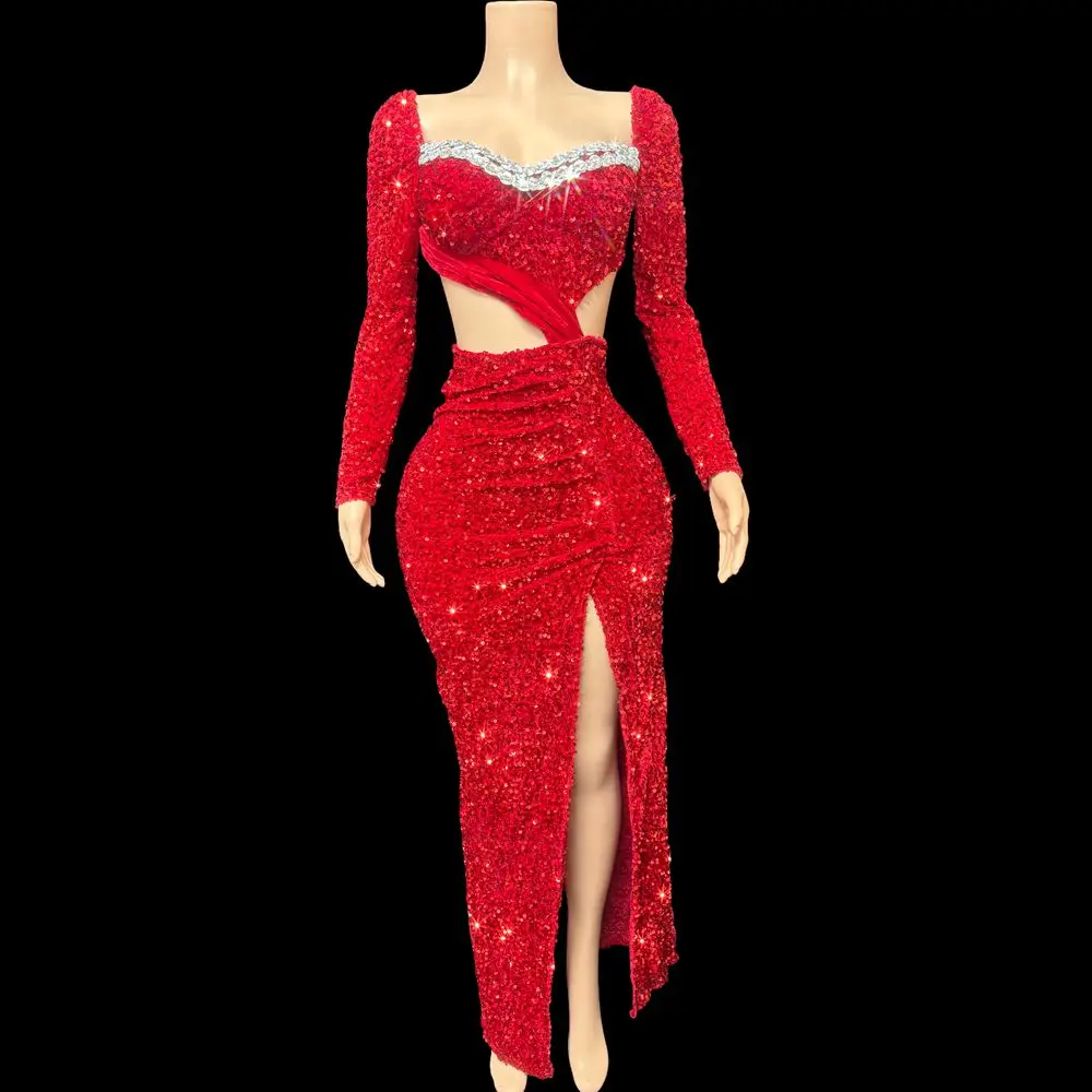 

Блестящее красное длинное платье с пайетками и разрезом для женщин: сексуальное вечернее платье для вечеринок, торжеств, дней рождения, выступлений и фотосессий