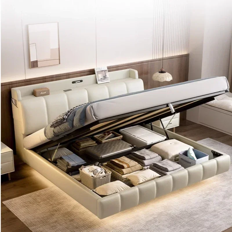 Trendy Storage Double Bed Frame Throne Elegant Princess Light Luxury Leather Bed Loft Villa Designer Beliche Backyard Furniture