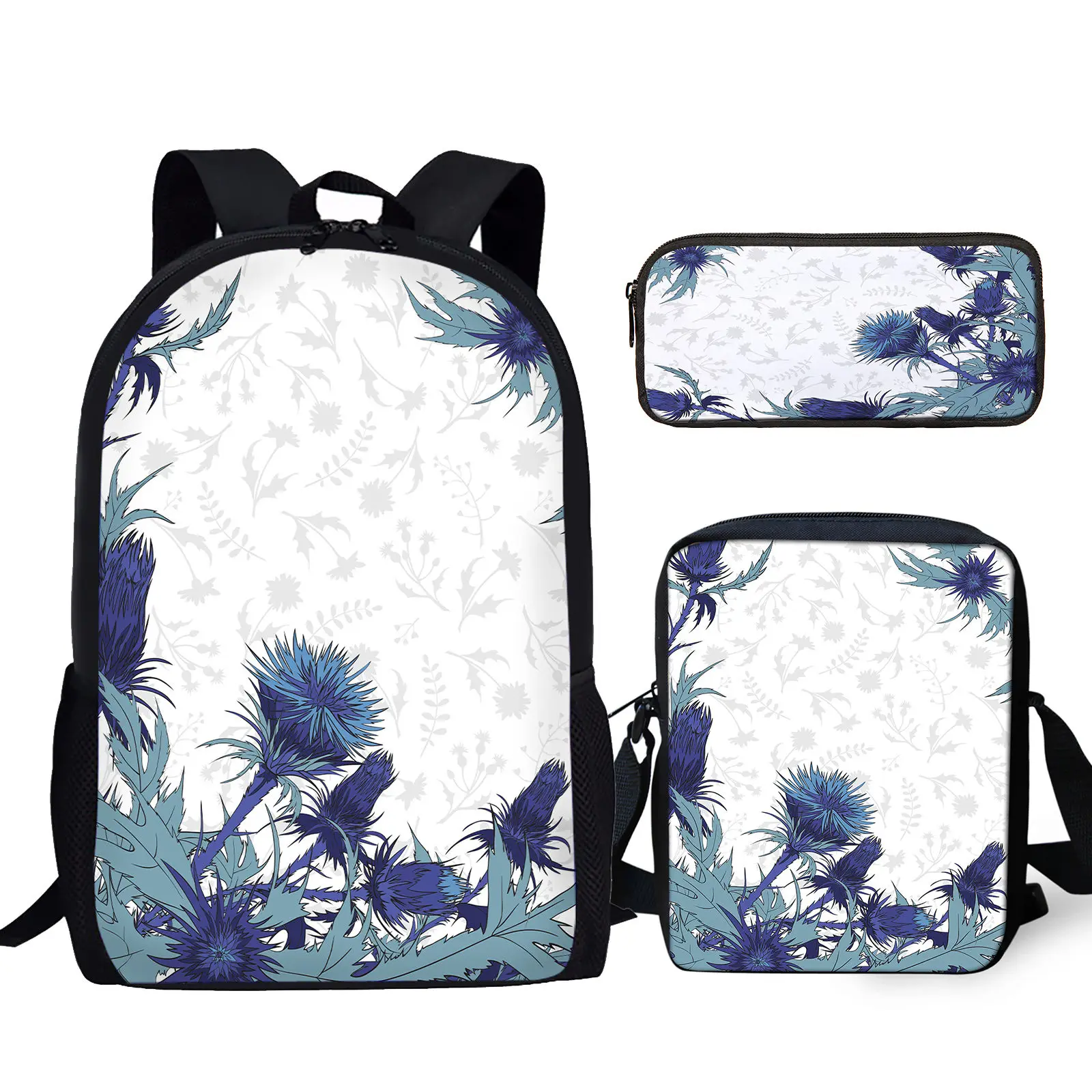 Blue Thistle/floral Print Durable Large Capacity Backpack Messenger Bag Pencil Case Casual Fashion Outdoor Travel Bag Knapsack